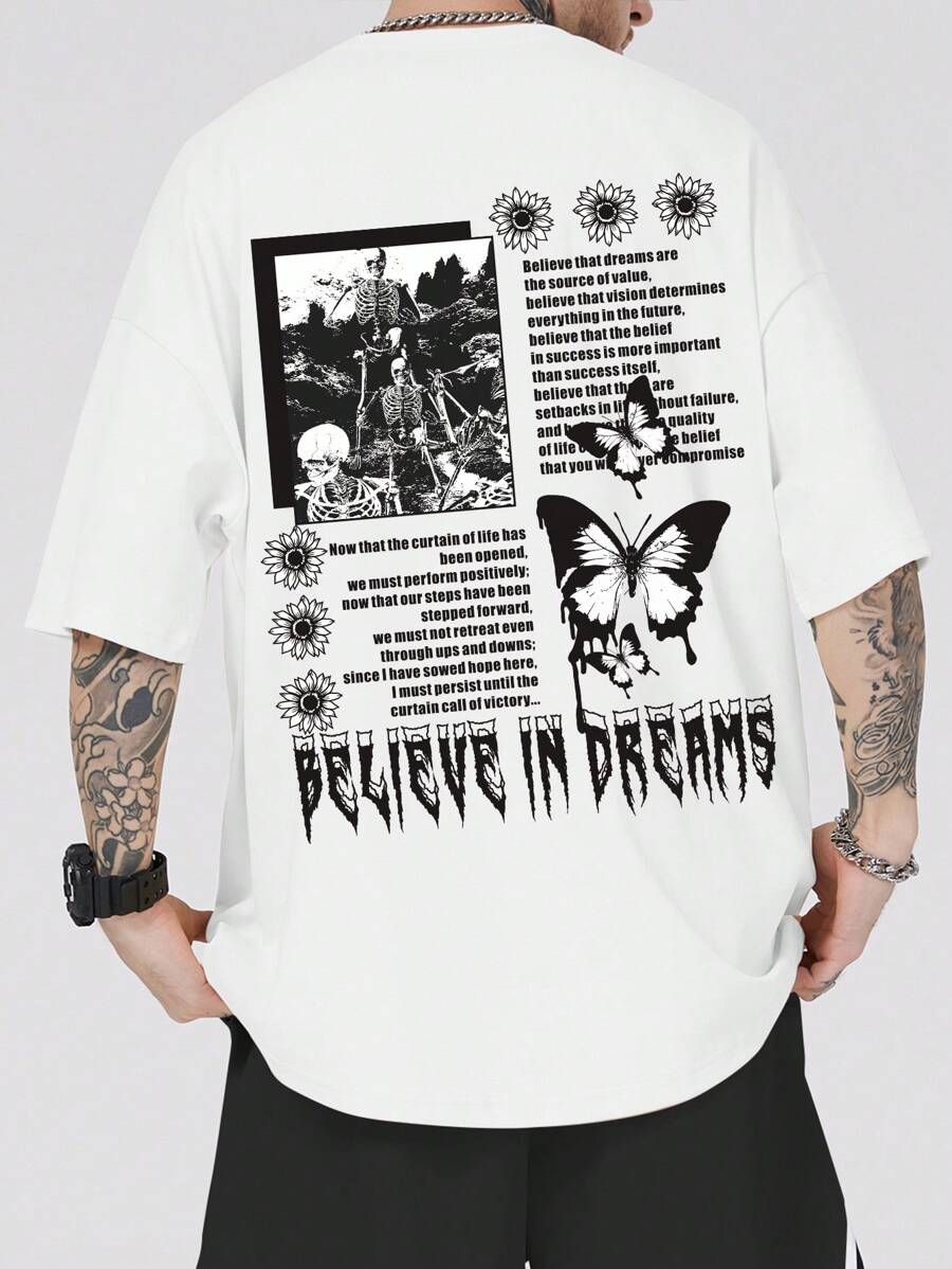 ROMWE MEN 男士標語骷髏和蝴蝶圖案T恤 - 白色 - 查看 1