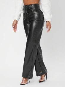 SHEIN PETITE High Waist PU Wide Leg Trousers - Black - View 3