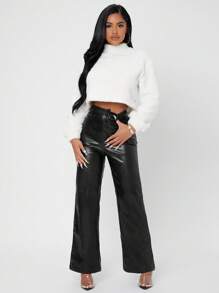 SHEIN PETITE High Waist PU Wide Leg Trousers - Black - View 4