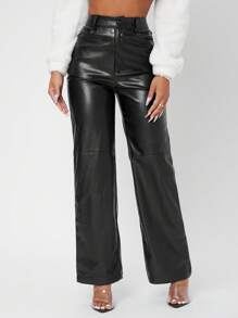 SHEIN PETITE High Waist PU Wide Leg Trousers - Black - View 5