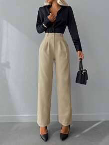 EURMUSE High Waist Plicated Detail Suit Pants - Apricot - View 3