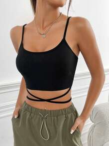 SHEIN EZwear 十字交叉後綁帶吊帶短上衣 - 黑色 - 查看 3