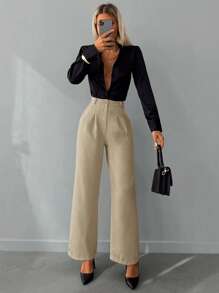 EURMUSE High Waist Plicated Detail Suit Pants - Apricot - View 4