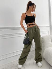 SHEIN EZwear 十字交叉後綁帶吊帶短上衣 - 黑色 - 查看 4