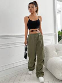 SHEIN EZwear 十字交叉後綁帶吊帶短上衣 - 黑色 - 查看 5