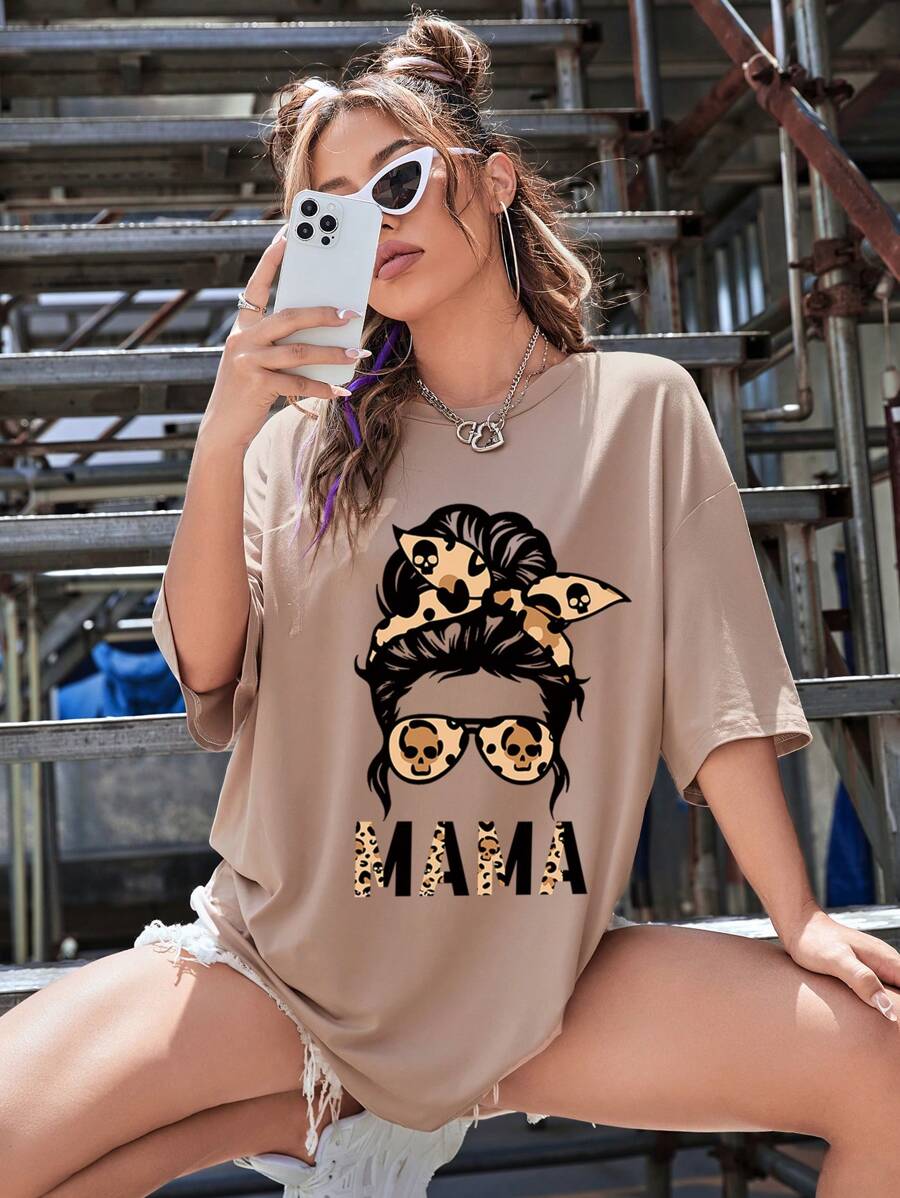 INAWLY Áo thun hở vai họa tiết hình và chữ cái Áo thun họa tiết nữ - Màu Khaki - Xem 1