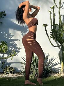 SHEIN SXY Cut Out Side Leggings - Chocolate Brown - View 3