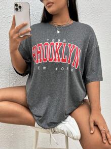 SHEIN EZwear Plus Letter Graphic Drop Shoulder Tee - Dark Grey - View 1