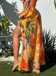 SHEIN SXY Tropical Print Drawstring Front Ruffle Trim Split Thigh Skirt - Multicolor - View 5