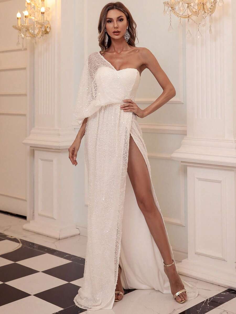 Missord 單肩高衩亮片正式連衣裙 - 白色 - 查看 1