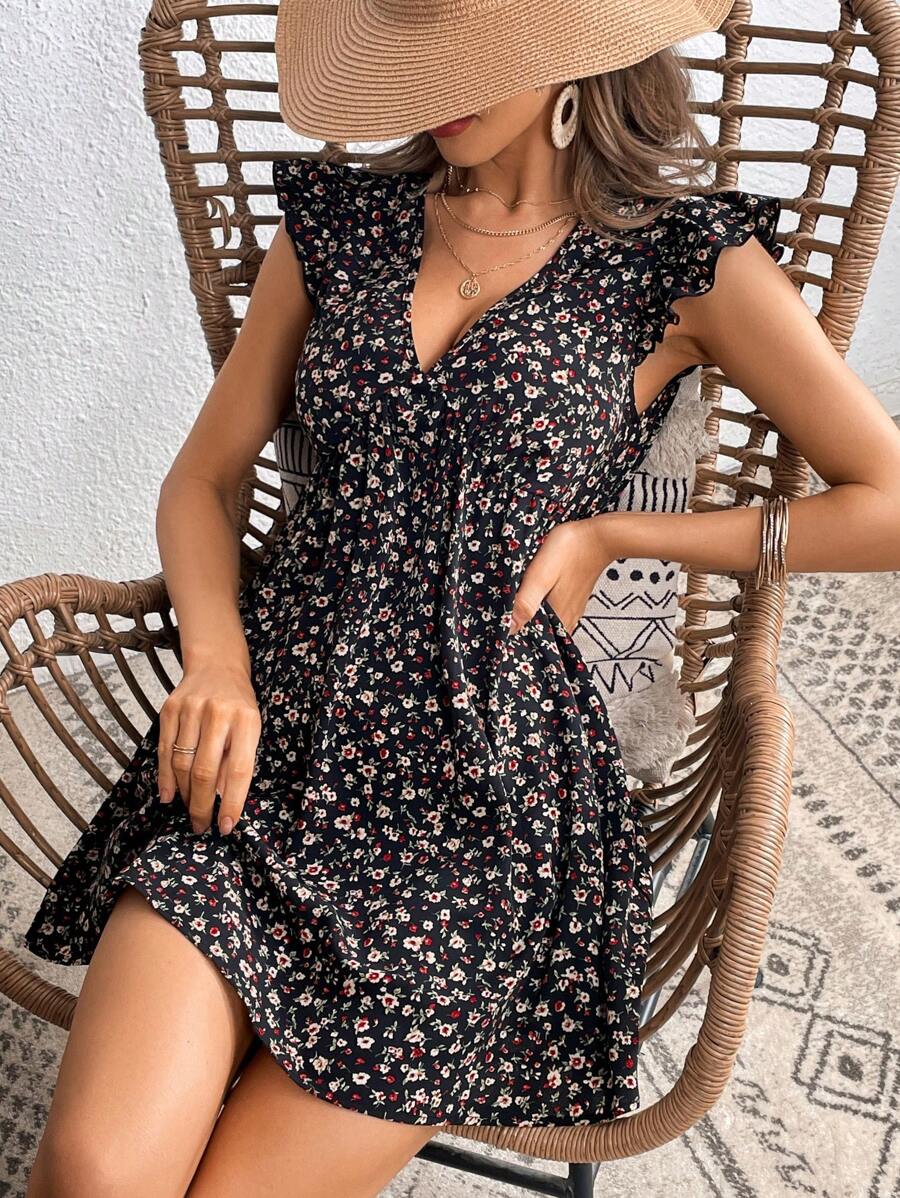 SHEIN VCAY 碎花荷葉邊連衣裙 - 黑色 - 查看 1