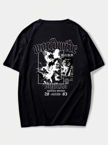 ROMWE MEN Goth Men Letter Eagle & Tiger Graphic Y2k T-Shirt, School - Black - View 1