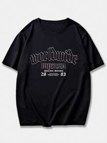 ROMWE MEN Goth Men Letter Eagle & Tiger Graphic Y2k T-Shirt, School - Black - View 2