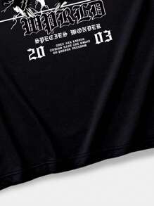 ROMWE MEN Goth Men Letter Eagle & Tiger Graphic Y2k T-Shirt, School - Black - View 3