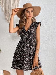 SHEIN VCAY 碎花荷葉邊連衣裙 - 黑色 - 查看 6