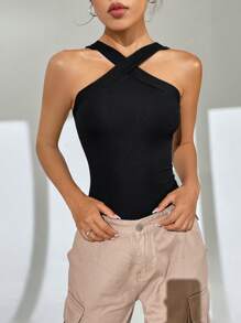 SHEIN EZwear 素色交叉繞頸緊身連體衣