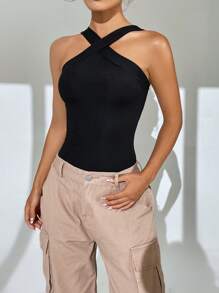 SHEIN EZwear 素色交叉繞頸緊身連體衣