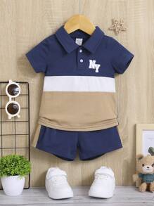 SHEIN Baby Boy Letter Graphic Colorblock Polo Shirt & Shorts - Multicolor - View 1