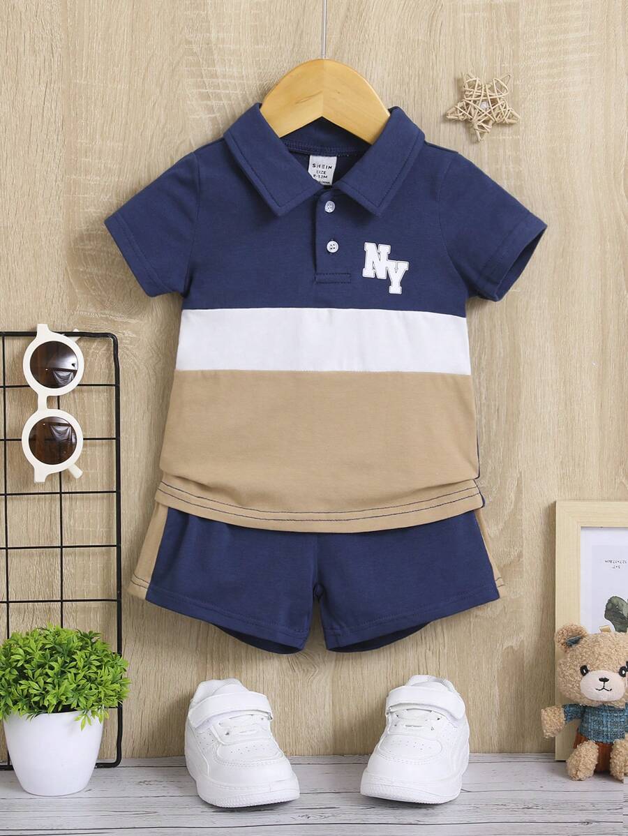 SHEIN Baby Boy Letter Graphic Colorblock Polo Shirt & Shorts - Multicolor - View 1