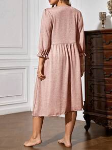 Plus Contrast Lace Flounce Sleeve Button Front Nightdress - Dusty Pink - View 2