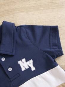 SHEIN Baby Boy Letter Graphic Colorblock Polo Shirt & Shorts - Multicolor - View 3