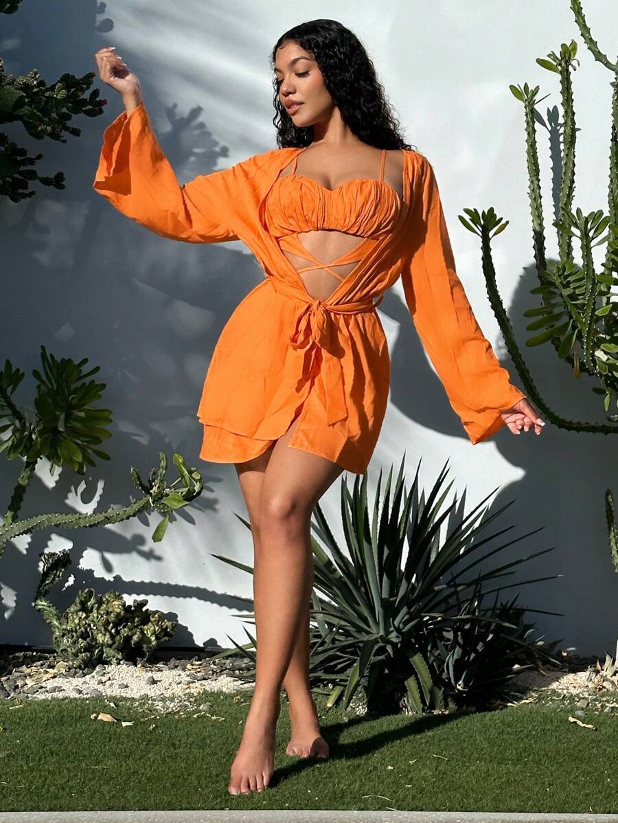 SHEIN SXY 1pc Solid Bell Sleeve Belted Chiffon Coat Without Top In Fall/Winter - Orange - View 1