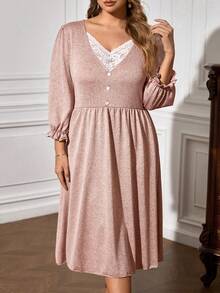 Plus Contrast Lace Flounce Sleeve Button Front Nightdress - Dusty Pink - View 3