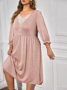 Plus Contrast Lace Flounce Sleeve Button Front Nightdress - Dusty Pink - View 4