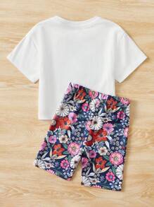 SHEIN Cô Gái Trẻ Đồ họa ô tô và chữ cái Áo thun & In hoa Quần short - Nhiều màu - Xem 2