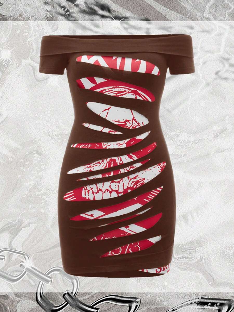 ROMWE PUNK Skull Print Off Shoulder Ripped Bodycon Dress - Chocolate Brown - View 1