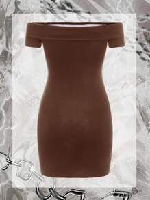 ROMWE PUNK Skull Print Off Shoulder Ripped Bodycon Dress - Chocolate Brown - View 2