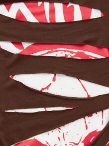 ROMWE PUNK Skull Print Off Shoulder Ripped Bodycon Dress - Chocolate Brown - View 4