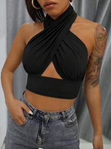 RueChic Crisscross Tied Backless Crop Halter Top - Black - View 1