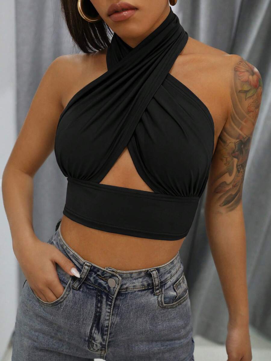 RueChic Crisscross Tied Backless Crop Halter Top - Black - View 1