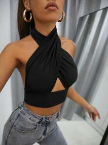 RueChic Crisscross Tied Backless Crop Halter Top - Black - View 3