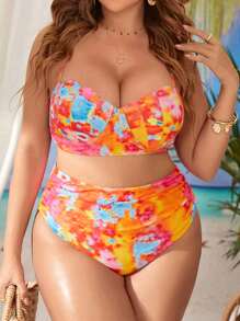 SHEIN Swim Curve 大尺碼染色加 push up 沙灘比基尼套裝夏季沙灘 - 彩色 - 查看 1