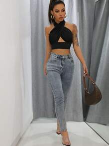 RueChic Crisscross Tied Backless Crop Halter Top - Black - View 5