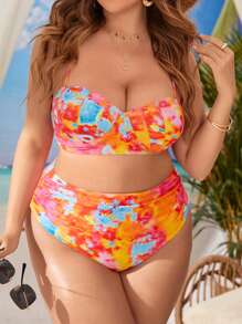 SHEIN Swim Curve 大尺碼染色加 push up 沙灘比基尼套裝夏季沙灘 - 彩色 - 查看 3