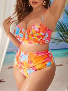 SHEIN Swim Curve 大尺碼染色加 push up 沙灘比基尼套裝夏季沙灘 - 彩色 - 查看 4