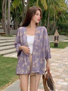 DAZY Vải in hoa Mở Mặt trước áo - Màu Lilac Tím - Xem 4