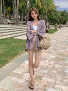 DAZY Vải in hoa Mở Mặt trước áo - Màu Lilac Tím - Xem 5