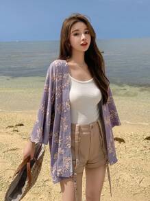 DAZY Vải in hoa Mở Mặt trước áo - Màu Lilac Tím - Xem 6