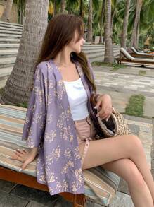 DAZY Vải in hoa Mở Mặt trước áo - Màu Lilac Tím - Xem 8