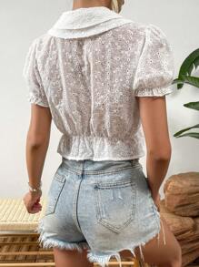 SHEIN Frenchy Áo sơ mi nữ viền lá sen Viên lá sen Tranh thêu Thắt nơ trước màu trơn Boho - trắng - Xem 2