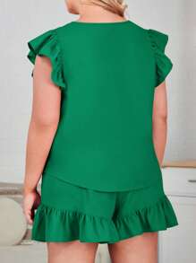 SHEIN LUNE 大碼荷葉邊上衣和短褲 - 綠色 - 查看 7