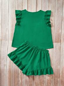 SHEIN LUNE 大碼荷葉邊上衣和短褲 - 綠色 - 查看 10