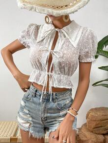 SHEIN Frenchy Áo sơ mi nữ viền lá sen Viên lá sen Tranh thêu Thắt nơ trước màu trơn Boho - trắng - Xem 5