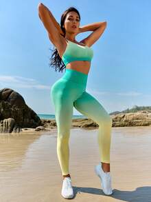 SHEIN Yoga Futuristic Ombre Print Wide Waistband Sports Set - Multicolor - View 4
