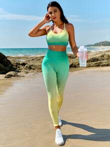 SHEIN Yoga Futuristic Ombre Print Wide Waistband Sports Set - Multicolor - View 9