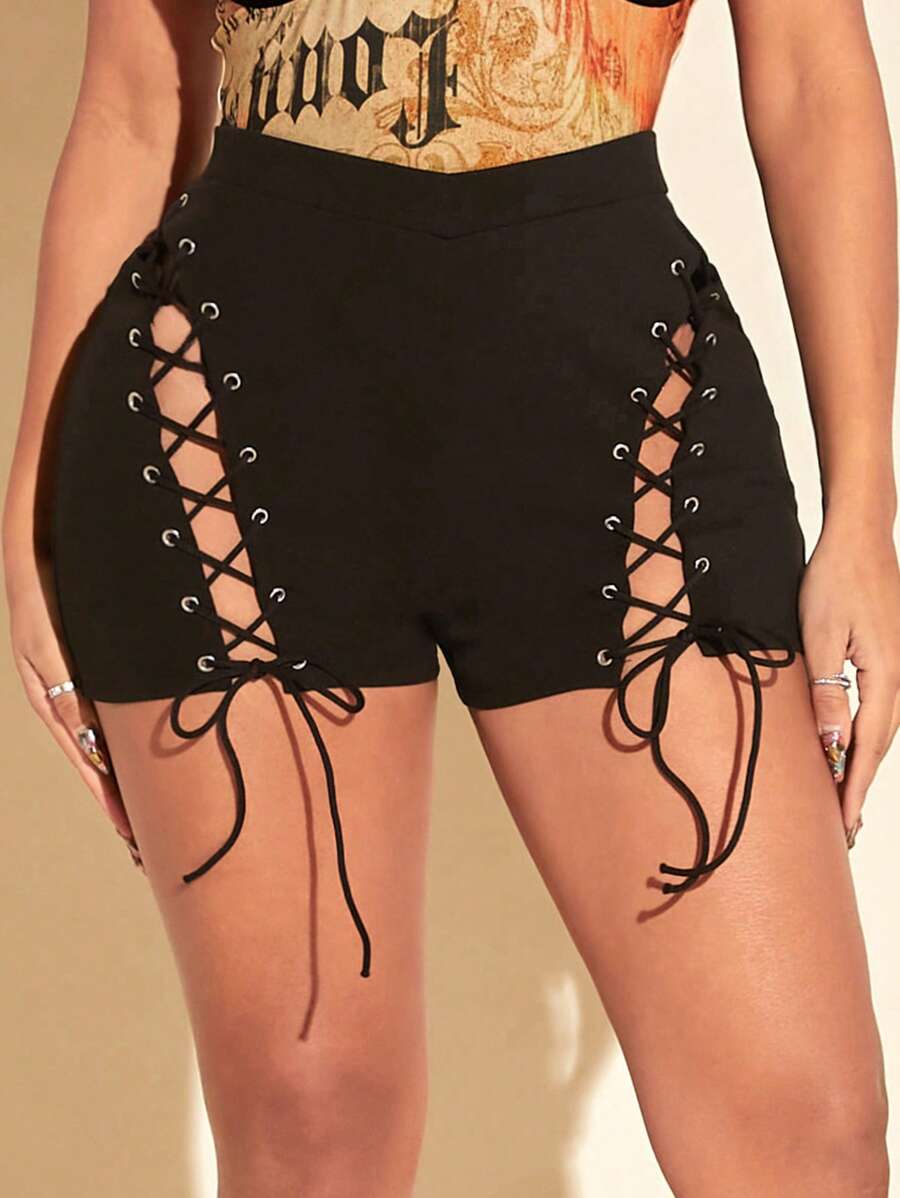 SHEIN SXY Lace Up Front Solid Shorts - Black - View 1